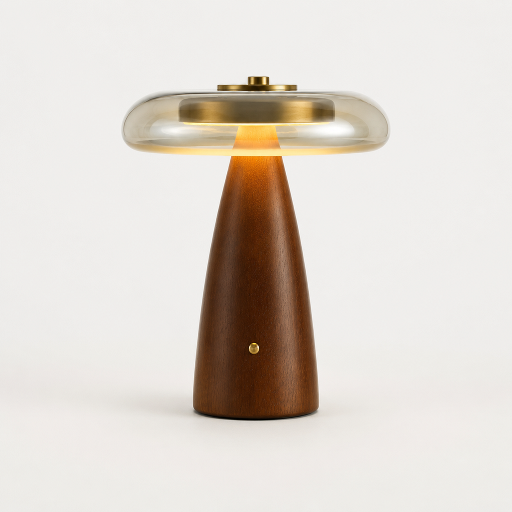 Aronde Lampe de Table en Noyer et Verre Cognac