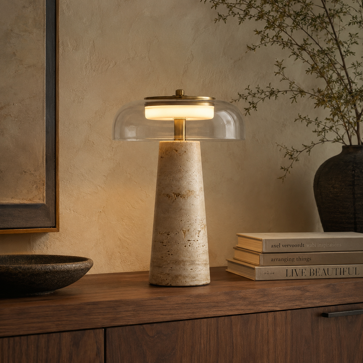 Conte Lampe de Table en Travertin et Verre