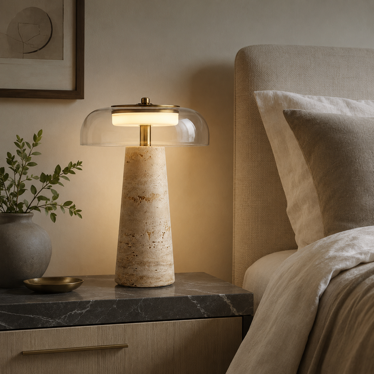 Conte Lampe de Table en Travertin et Verre