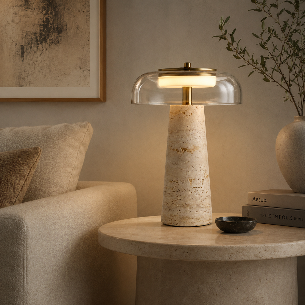 Conte Lampe de Table en Travertin et Verre