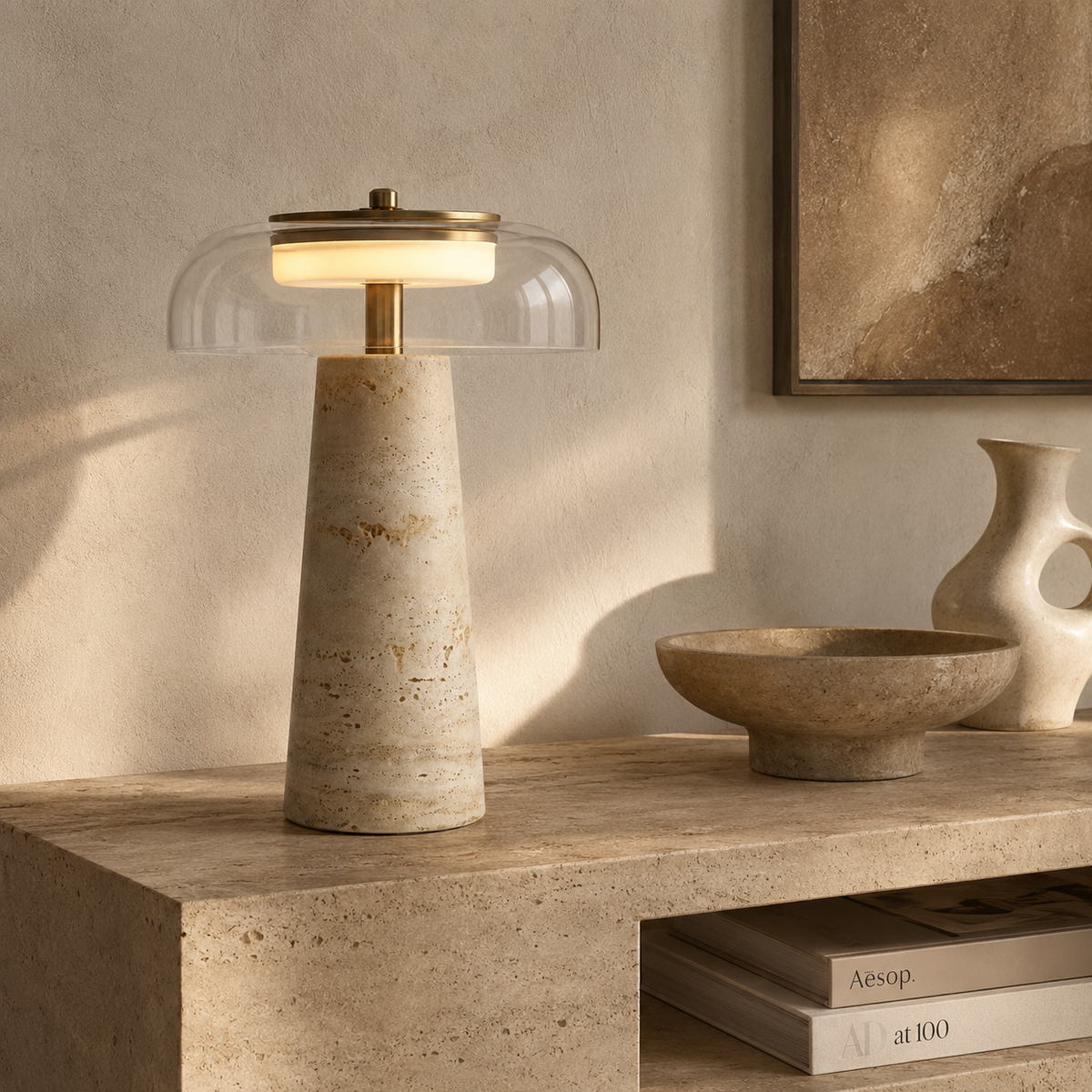 Conte Lampe de Table en Travertin et Verre